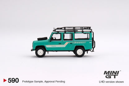 MINI GT 590 Land Rover Defender 110 1985 County Station Wagon Trident Green