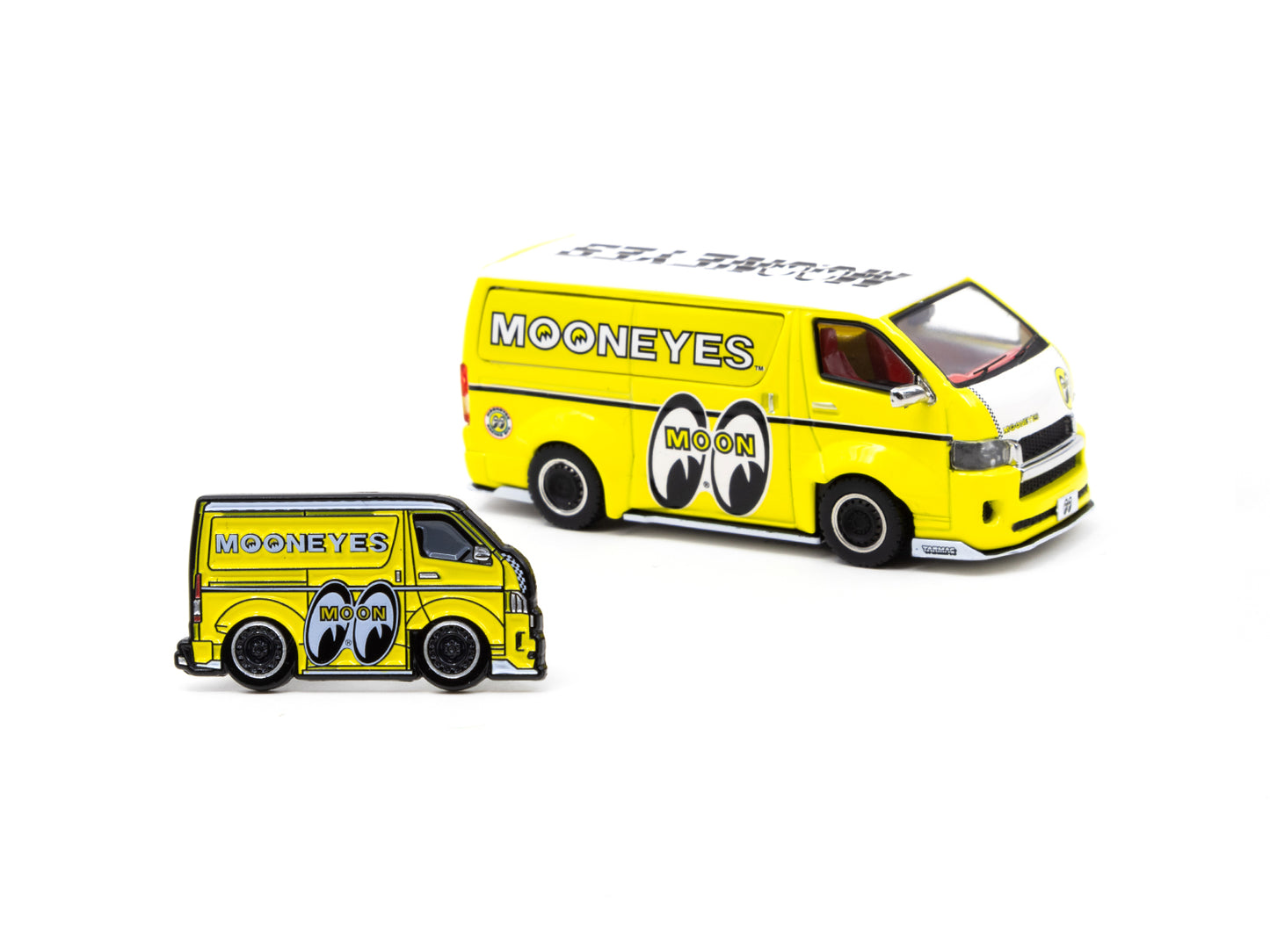 Tarmac Works 1/64 Toyota Hiace Widebody - Mooneyes Yellow with Tarmac Works X Leen Customs Lapel Pin - COLLAB64