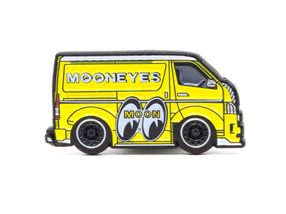 Tarmac Works 1/64 Toyota Hiace Widebody - Mooneyes Yellow with Tarmac Works X Leen Customs Lapel Pin - COLLAB64