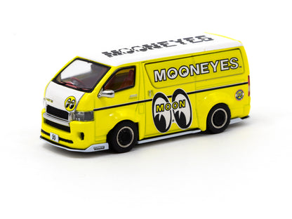 Tarmac Works 1/64 Toyota Hiace Widebody - Mooneyes Yellow with Tarmac Works X Leen Customs Lapel Pin - COLLAB64