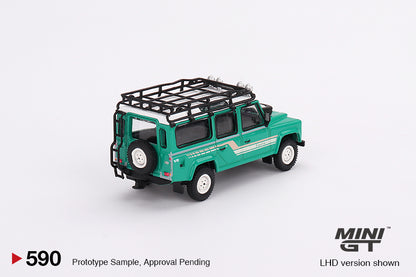 MINI GT 590 Land Rover Defender 110 1985 County Station Wagon Trident Green