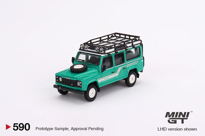 MINI GT 590 Land Rover Defender 110 1985 County Station Wagon Trident Green