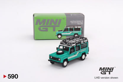 MINI GT 590 Land Rover Defender 110 1985 County Station Wagon Trident Green